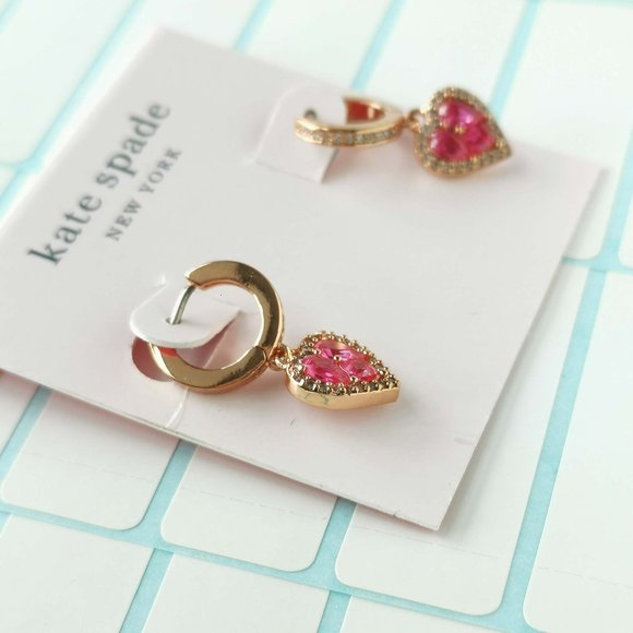 Kate Spade Spell It Out Heart Red Rose Gold Huggie Earrings with dust bag - Picture 2 of 3